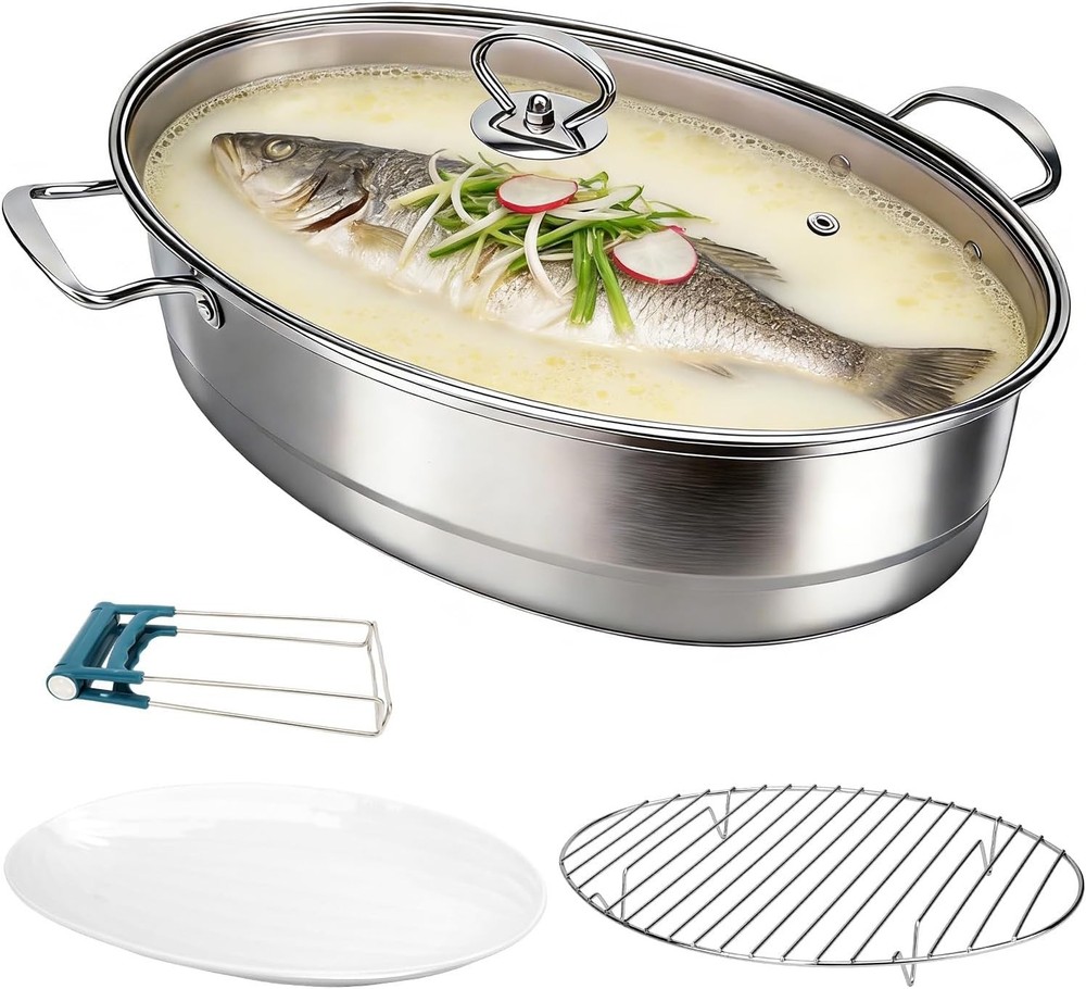 Stainl Steel Oval Fish Steer - Multi-Use Cooking Pot with Ra,