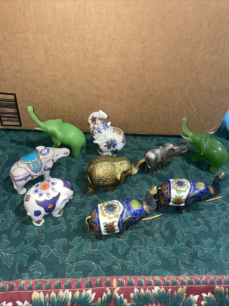 Lot Of 9 Elephant Brass, Enamel Figurine Vintage Collectible Colorful Elephant