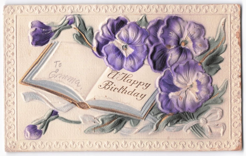 1914 Embossed Pansy Birthday Postcard to Emma, Protivin Iowa, German Steel Die
