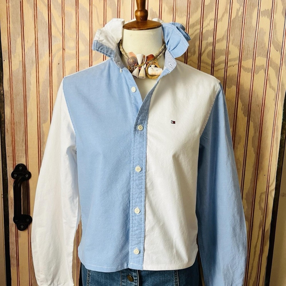 Upcycled Viral Tommy Hilfiger Crop Blue Oxford Color Block Ruffle Collar Shirt S