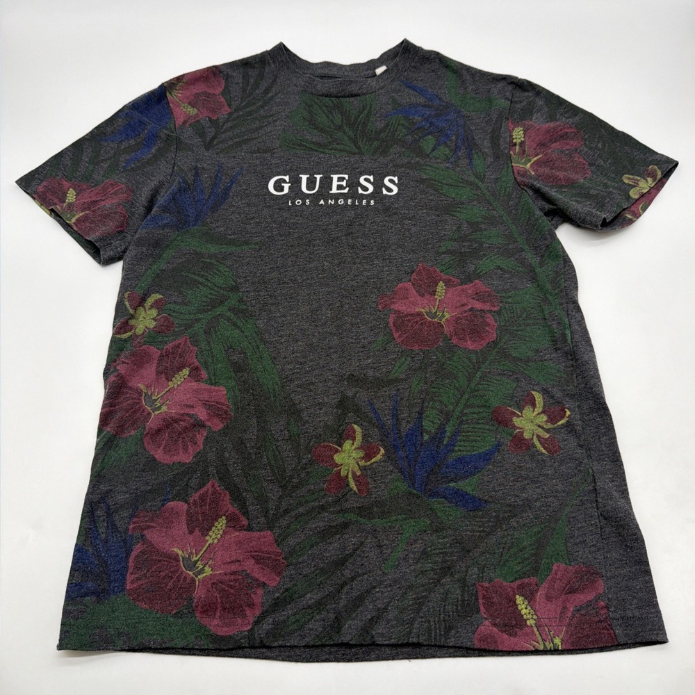 Guess T-shirt Men S Dark Gray Graphic Print Logo Floral .#46532