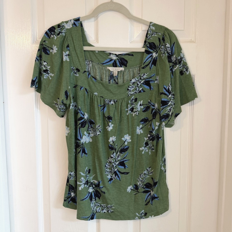 Lucky Brand Green Floral Short Sleeve Square Neck Blouse Large Flowy Cottagecore