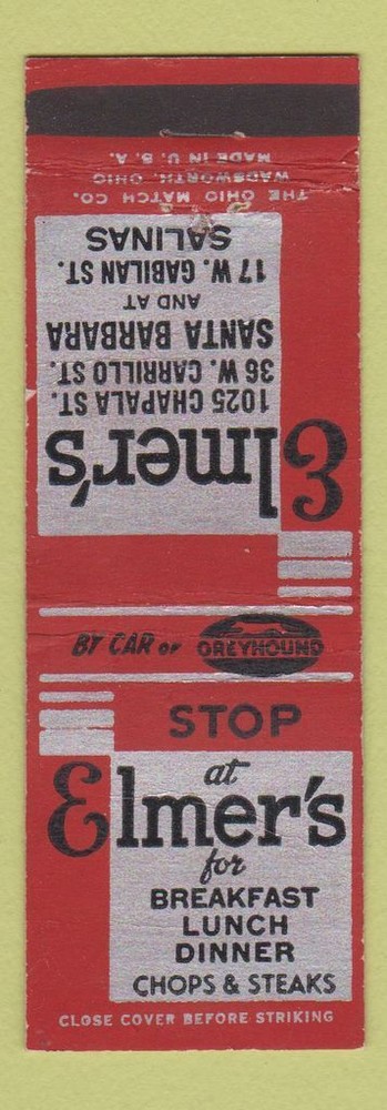 Matchbook Cover - Elmer's Restaurant Salinas CA Santa Barbara