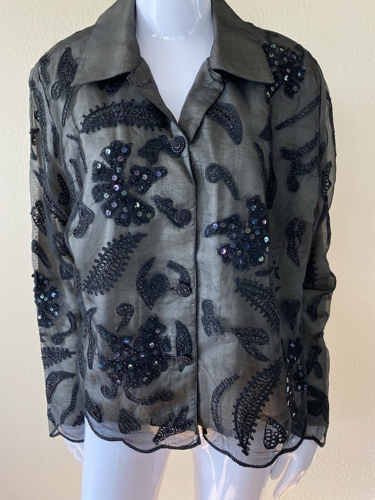 Vintage Anage Jacket Women’s Size Large 100% Silk  Black Beaded Geometric Large