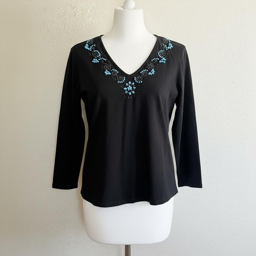 Kik-It Black Long Sleeve V-Neck top with Blue Beaded Embellishments Size S