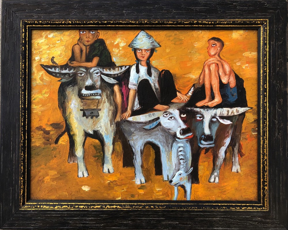 Abstract Surreal Outsider Naive Folk Art Se Asia Water Buffalo Children Painting-image