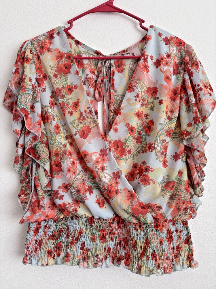 Willow + Root Women's Floral Chiffon Flutter Sleeve V-neck Blouse Size XL