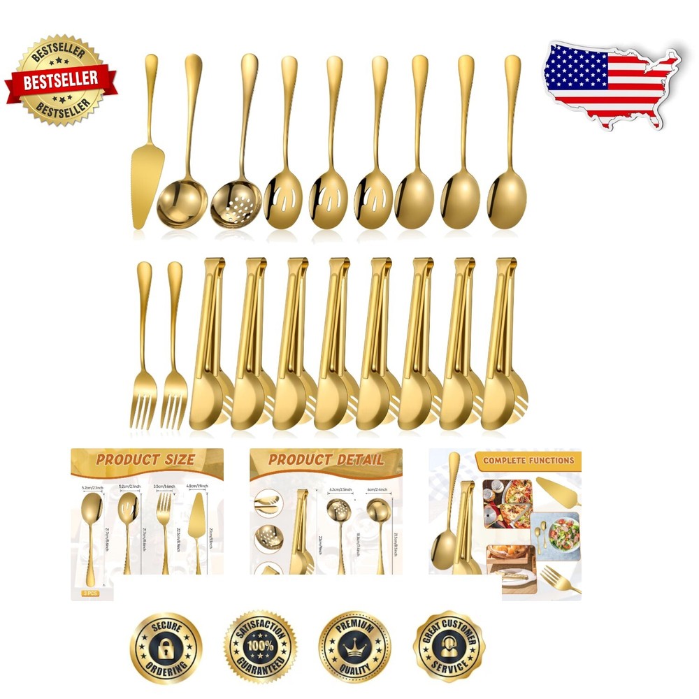Dishwasher Safe Gold Serving Utensil Set - 19 Durable Pieces for Every Occasion