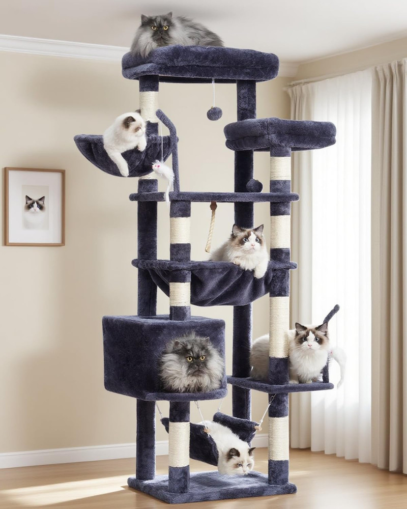 Cat Tree, Cat Tower for Large Cats with 2 Big Platforms, 2 Baskets, Condo and To