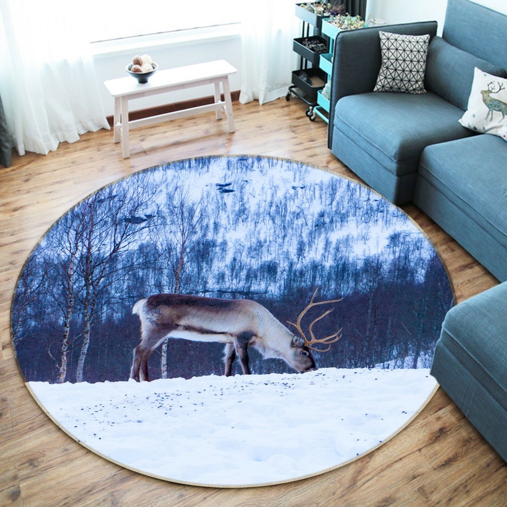 3D Winter Snow Elk Non-Slip Rug Mat Elegant Photo Carpet for Home Decor