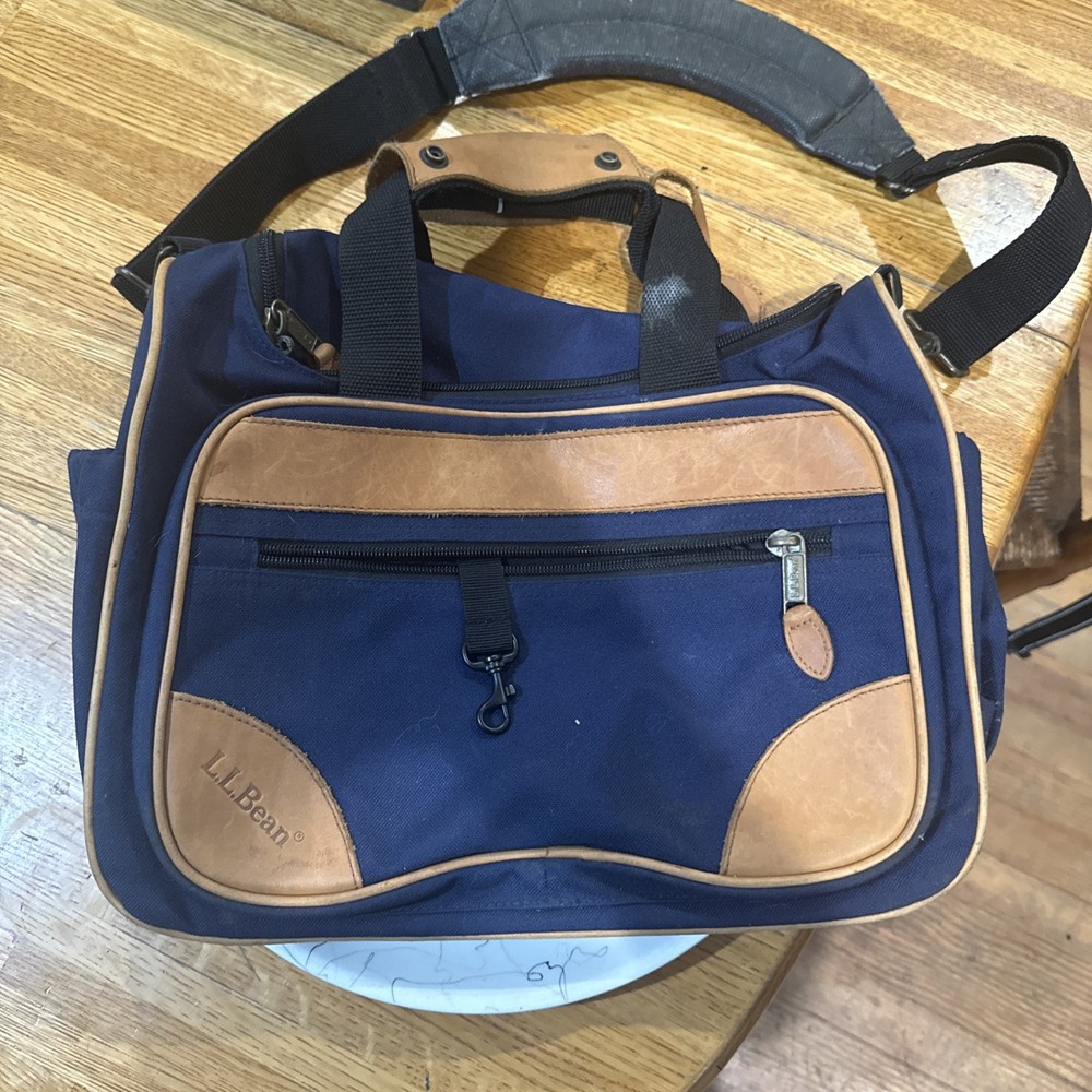 LL Bean Messenger Bag Backpack Carry On Computer blue Canvas tan leather 14x11x4