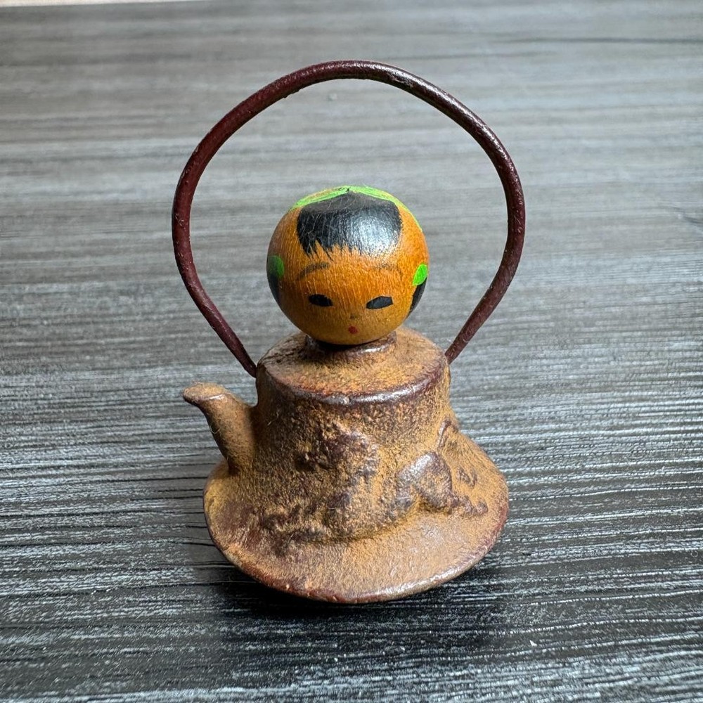 Kokeshi Iron Kettle Showa Retro Japanese Interior Ornament Antique Decor