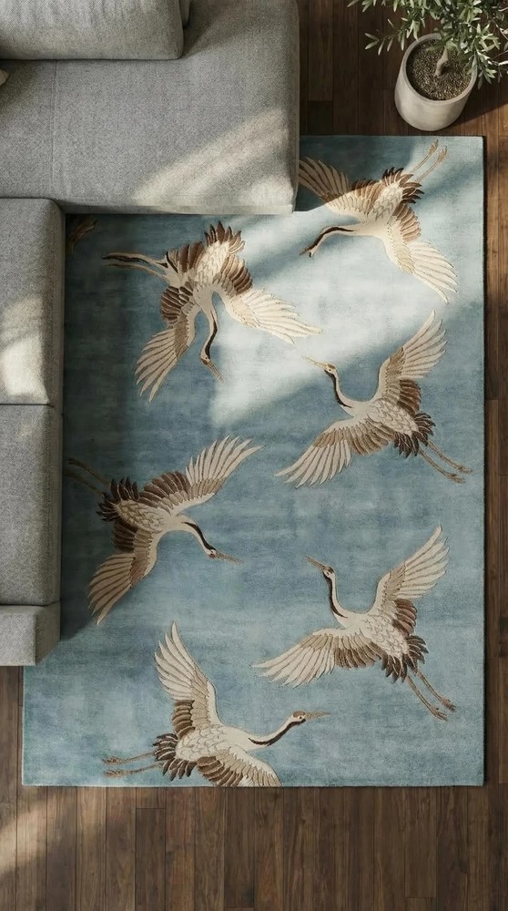 Hand Tufted Crane Rug Blue Area Rug Japanese Crane Wool Rug Jalanda Living Room