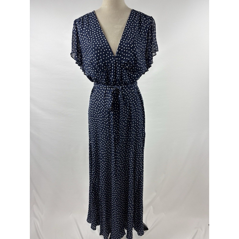 Rixo Maxi Florida Dress Bohemia Dots Navy Blue White Polka Dots 14 Short Sleeve