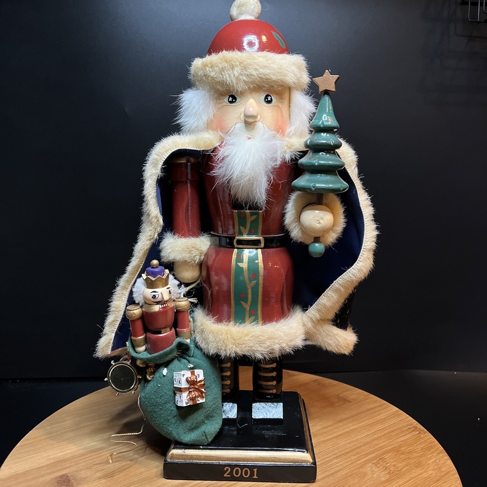 2001 Hand Painted Wooden Santa Nutcracker Toy Bag Velvet & Fur Coat 14.5” EUC