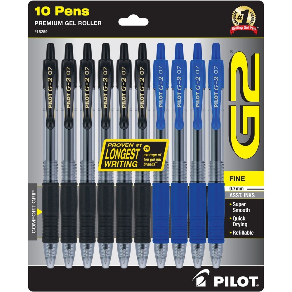 Pilot 18259 0.7 mm Fine G2 Premium Retractable Gel Pen - Assorted (10/Pack) New