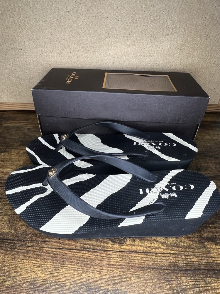 Coach Rubber Zebra Wedge Sandals Black White Size 9m Excellent Condition