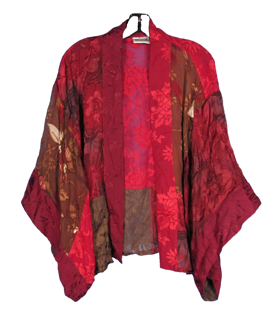 VTG CHICO'S Red/Brown OPEN FRONT Burnout SILK BLEND Drape KIMONO/CARDIGAN Sz S