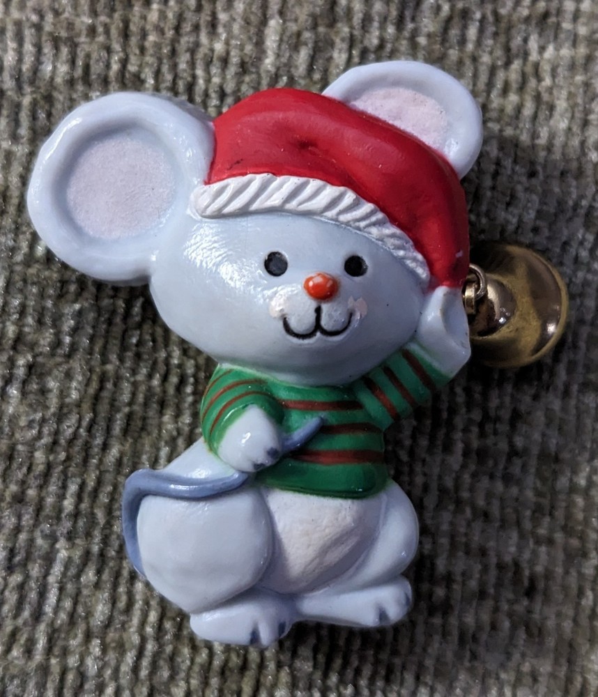 Christmas Mouse with Jingle Bell Lapel Pin Hallmark Santa Hat Holiday Vtg Brooch
