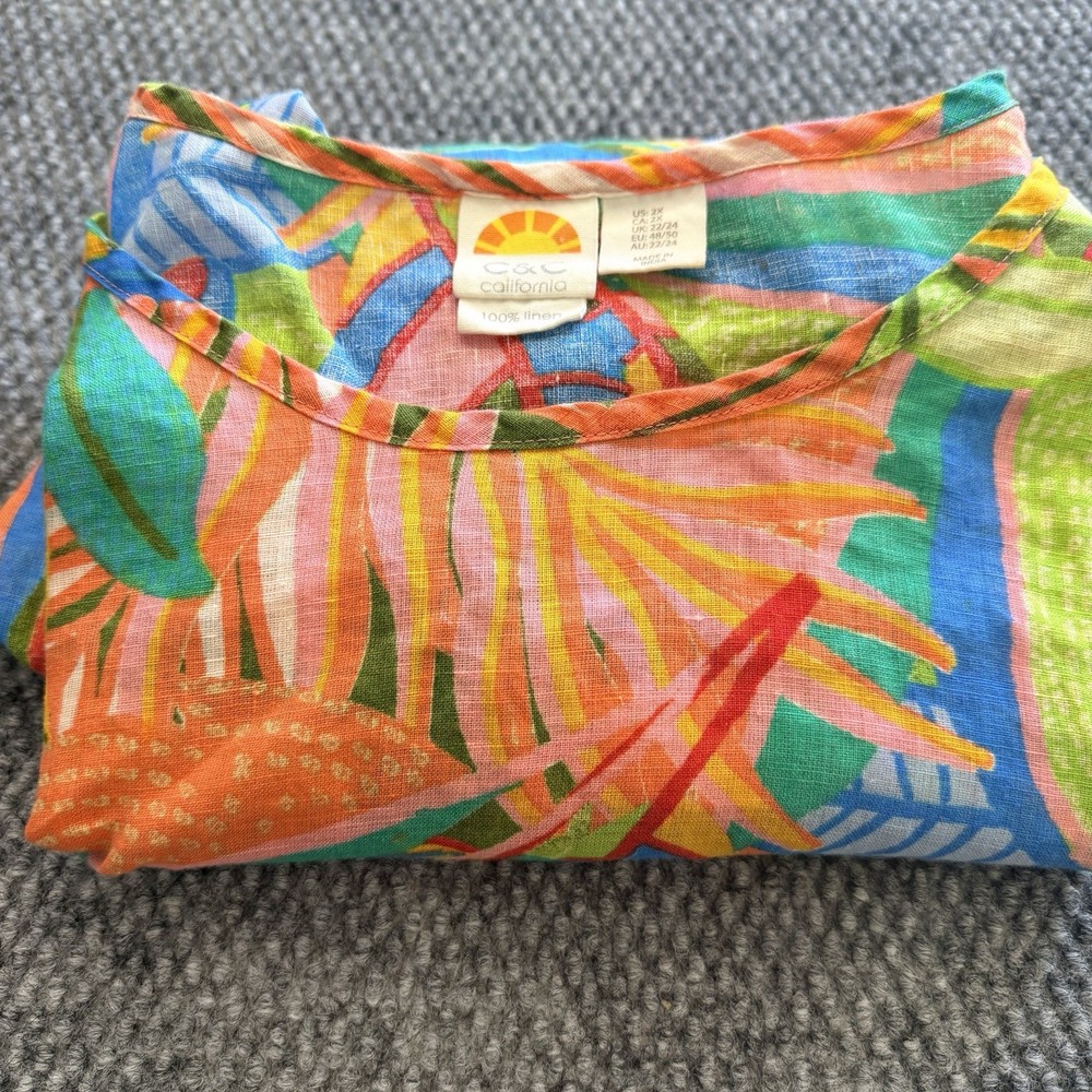 C&C California Multicolor Tropical Floral Print 100% Linen Shirt Women's Size 2x