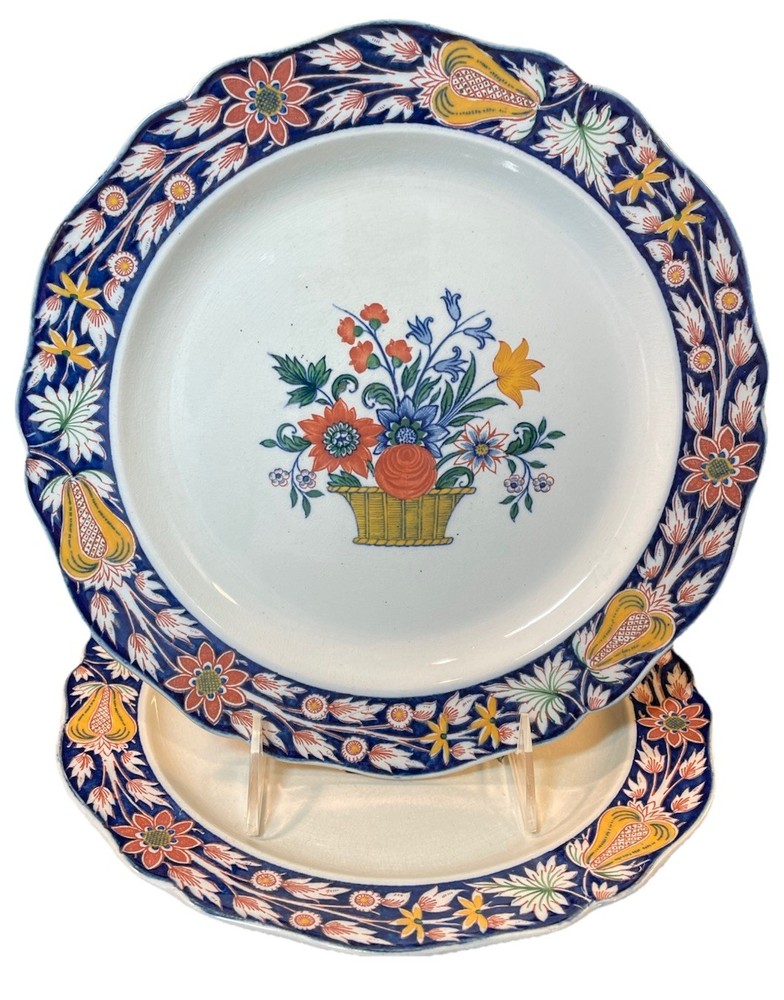 Antique Wedgwood POTERAT England Etruria 10” Plate, Floral Basket, Dark Blue Rim