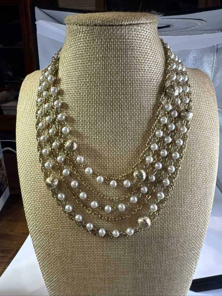 Vintage Lisner Faux Pearls and Gold Beads Multi Chain Link Necklace
