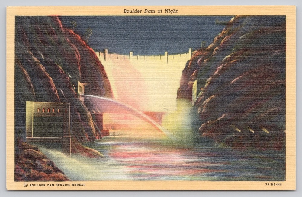 Vintage Boulder Dam at Night Postcard - Nevada Linen C.T. Art-Colortone