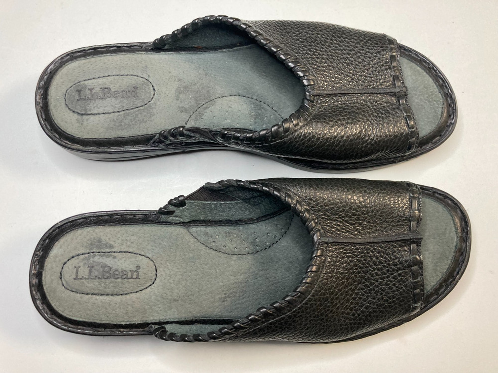 LL Bean Women's Slip-on Leather Sandals Size 8 M Black Casual Comfort