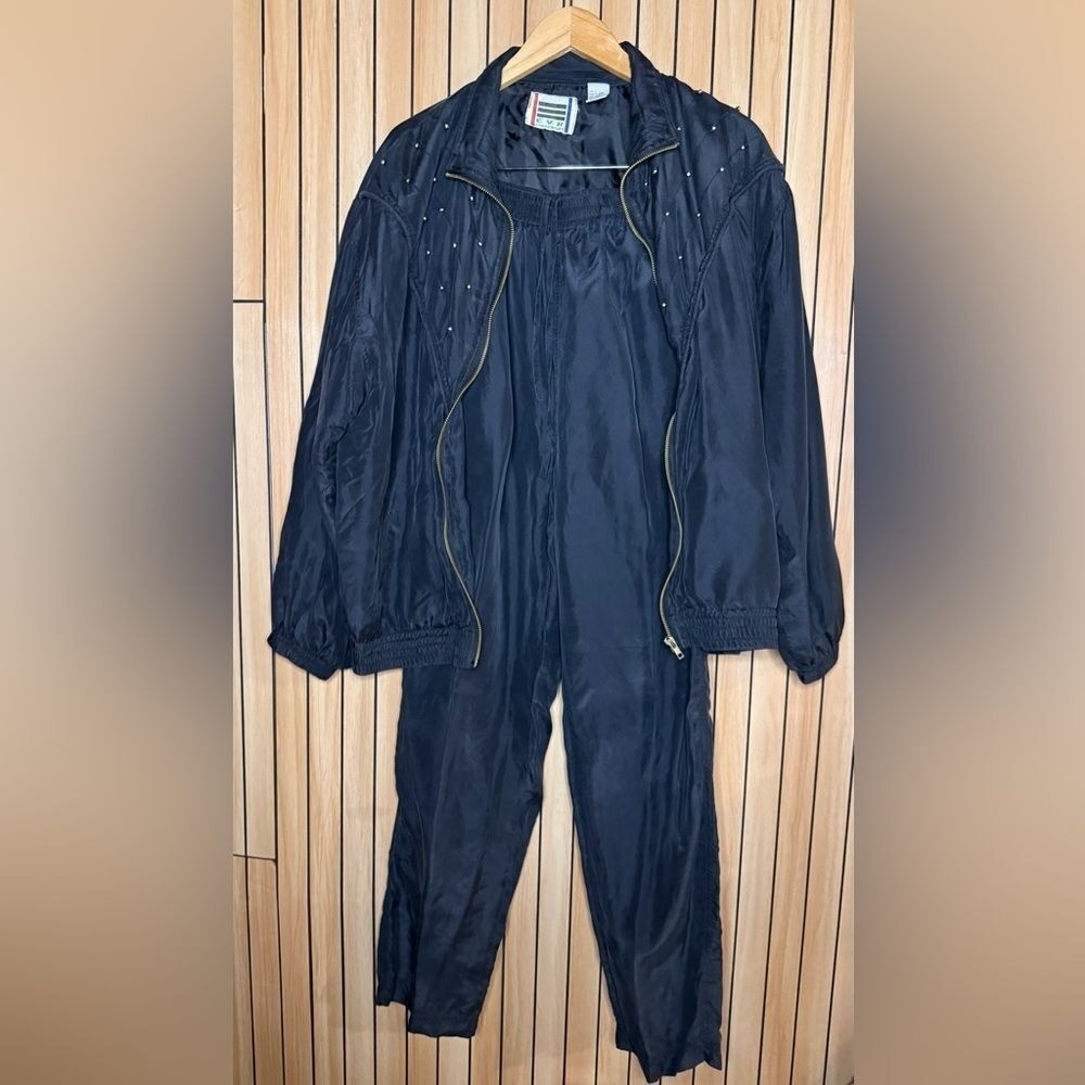 Vintage EVR 100% Silk Tracksuit Jacket Pants Set Black Large