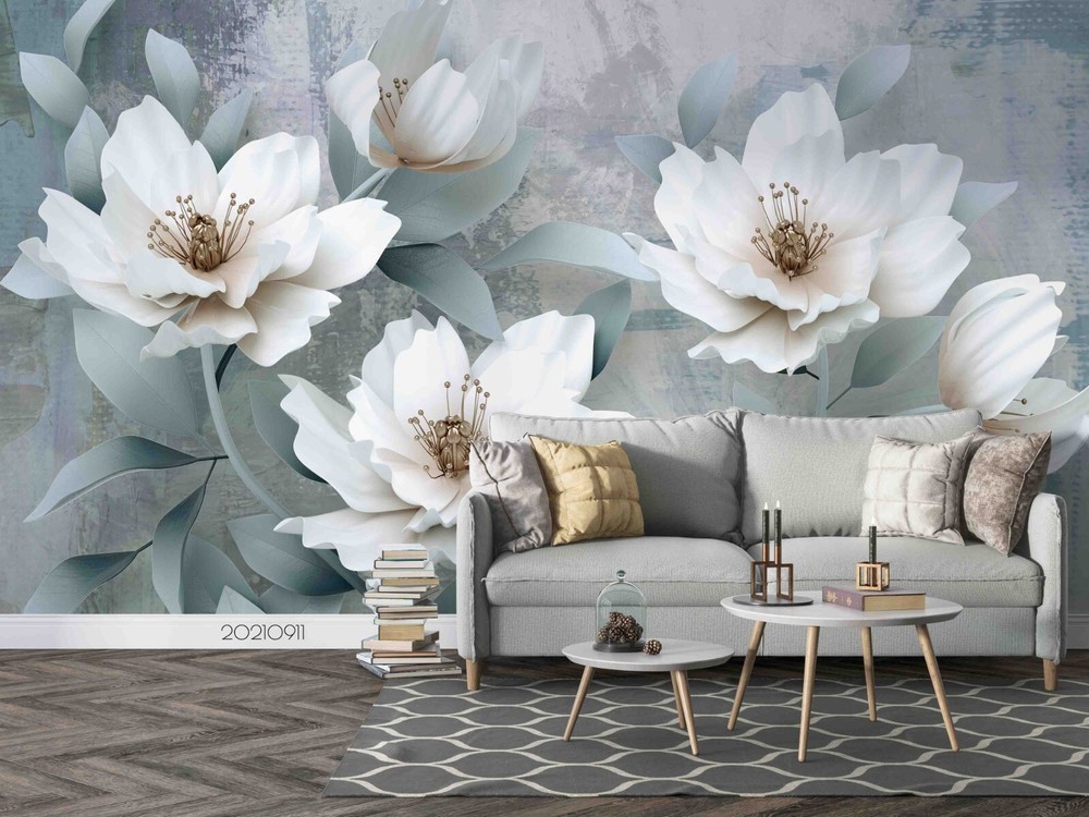 3D Hand Drawn White Floral Leaf Wall Murals Wallpaper Murals Wall Sticker