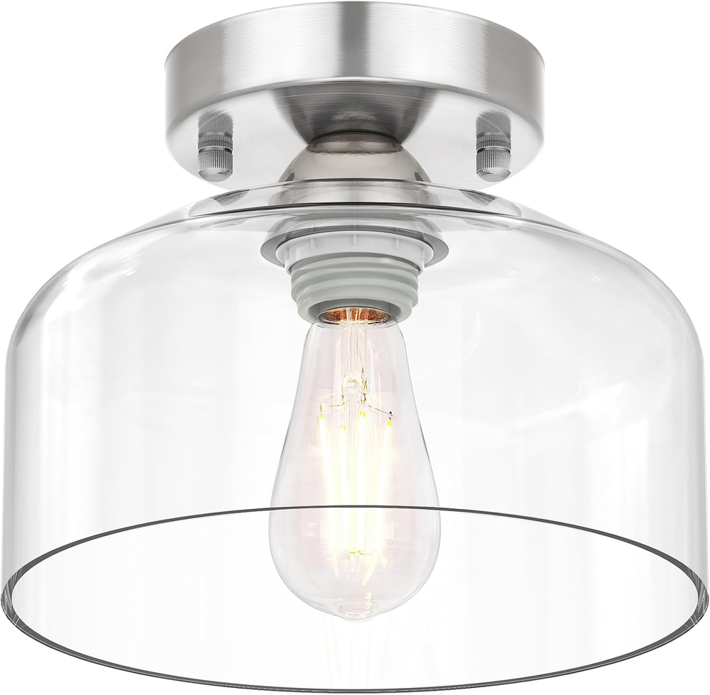 Semi Flush Mount Ceiling Light Silver, Clear Glass Pendant Lamp Shade, Modern Fa
