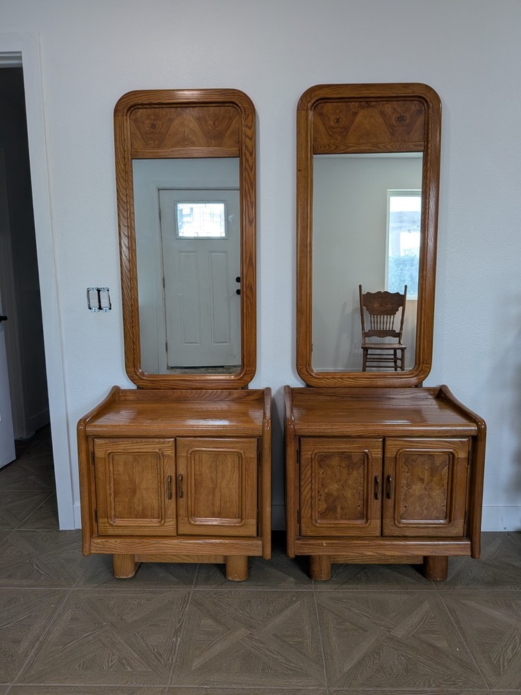 Vintage Solid Wood Matching Nightstands/Cabinets w/ Mirrors – Set of 2 Rare