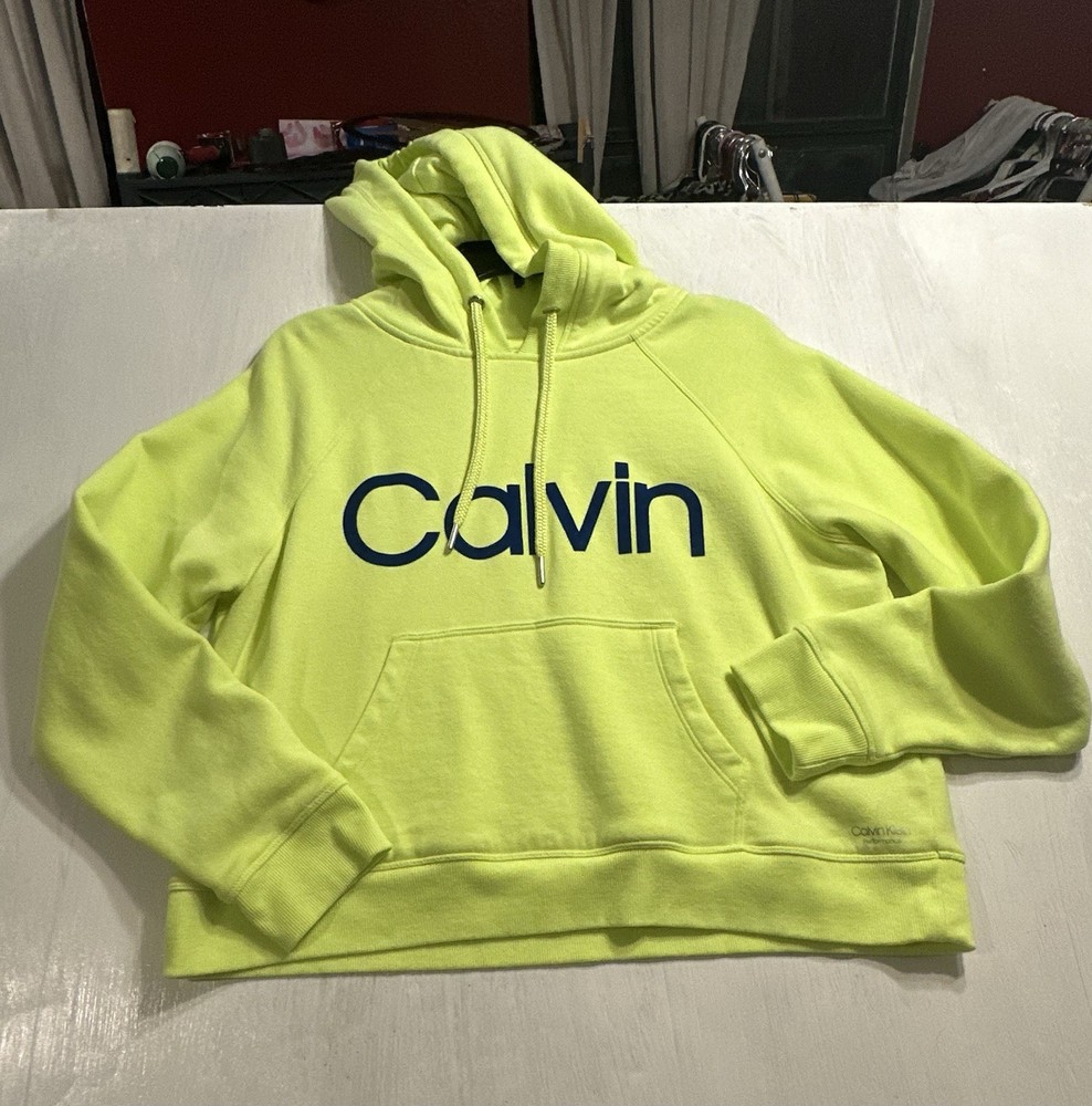 Calvin Klein Performance Hoodie Women’s M Neon Yellow Logo Pullover Sweatshirt