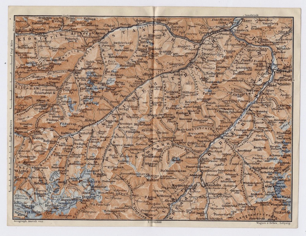 1910 Antique Map Of Paznaun Valley / Tyrol Alps / Austria