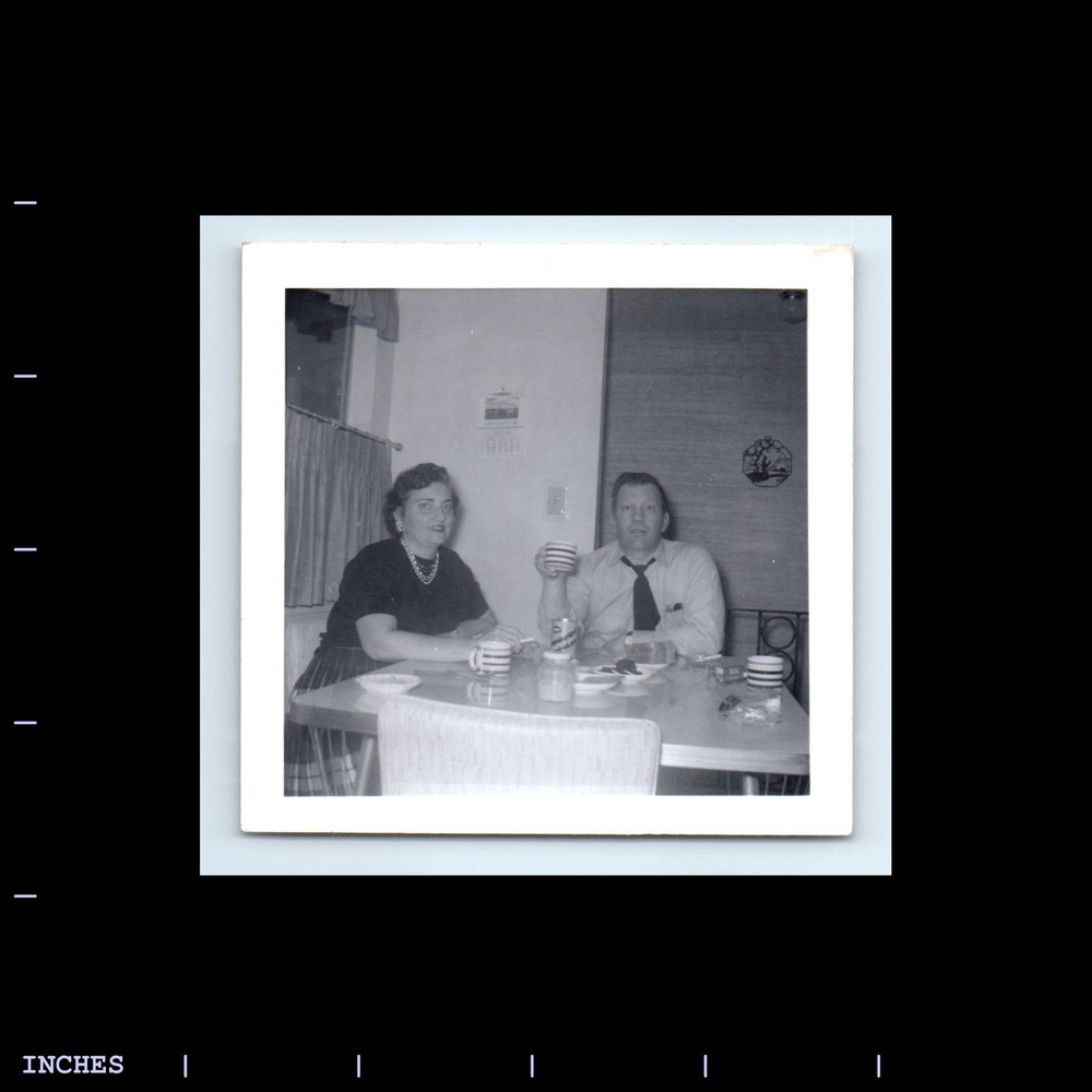 Old Square Photo MAN WOMAN COUPLE SITTING AT DINNER TABLE