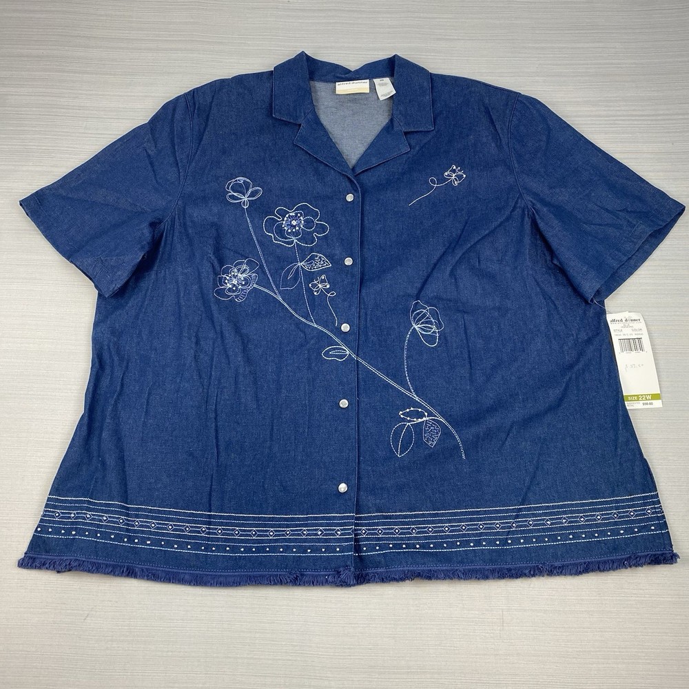 Alfred Dunner Button Up Blouse Women’s 22W Floral Embroidery Short Sleeve NWT
