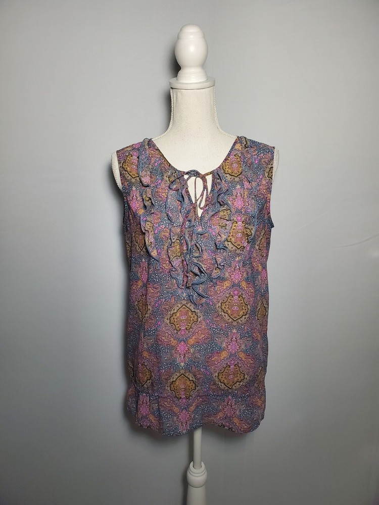 Blue Pink Paisley Ruffled Sleeveless Blouse Women's Medium