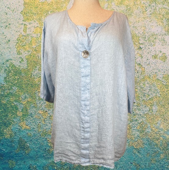 100% Linen Light Blue Popover Blouse Women’s XL Lagenlook Coastal Top Unbranded