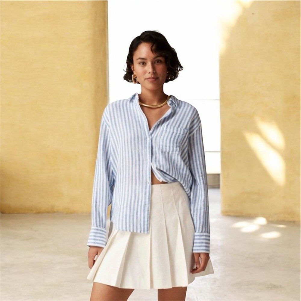 J. Crew Garçon Classic Shirt in Striped Linen Blend Gauze Size 8 Blue/White