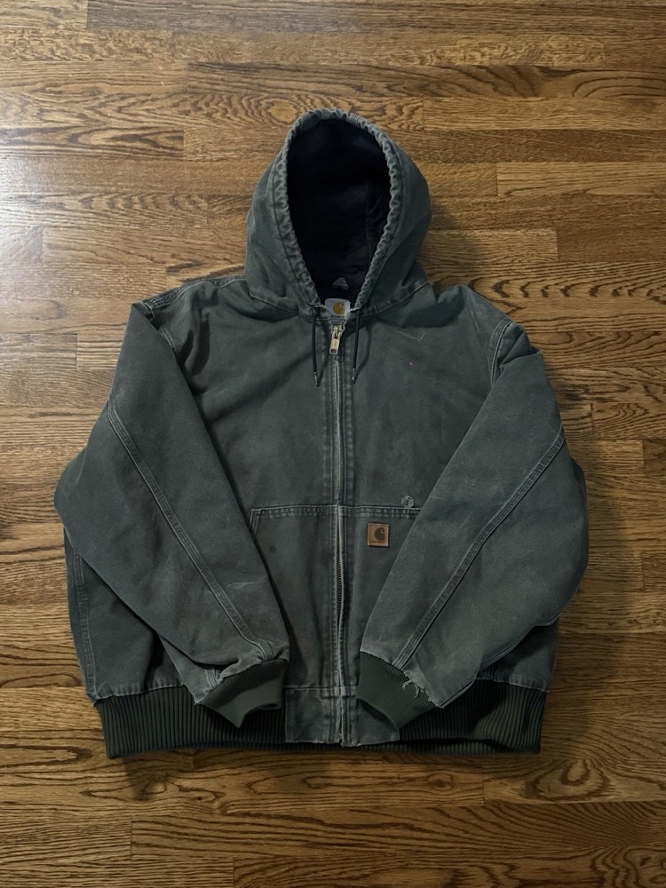Carhartt J130 Distressed Duck Active Jacket Hooded Gray Green 2XL