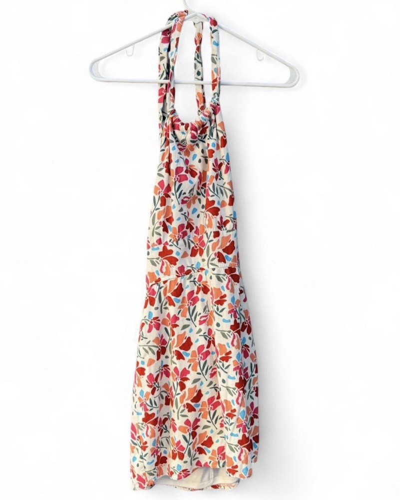 Francesca’s Floral Halter Dress Smocked Back Linen Blend Dress Size M