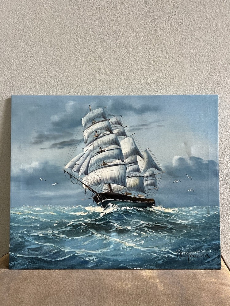 Vintage signed Preston Willis Clipper Ship Seascape Oil Painting on Canvas 24x20