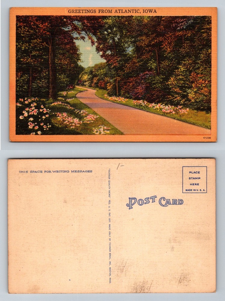 Atlantic, IA-Iowa Greetings from Atlantic Flowered Country Road Vintage Postcard