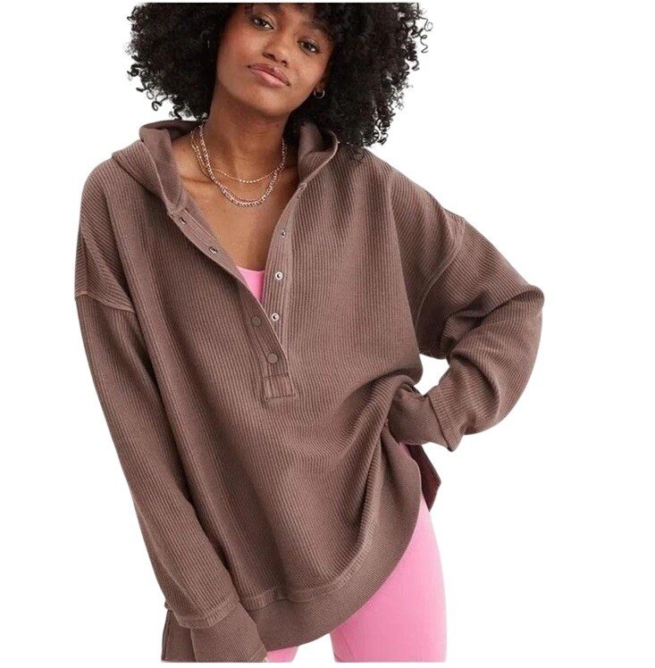 Aerie Women's Oversized Ribbed Henley Hoodie XS Brown Textured Pullover Cozy
