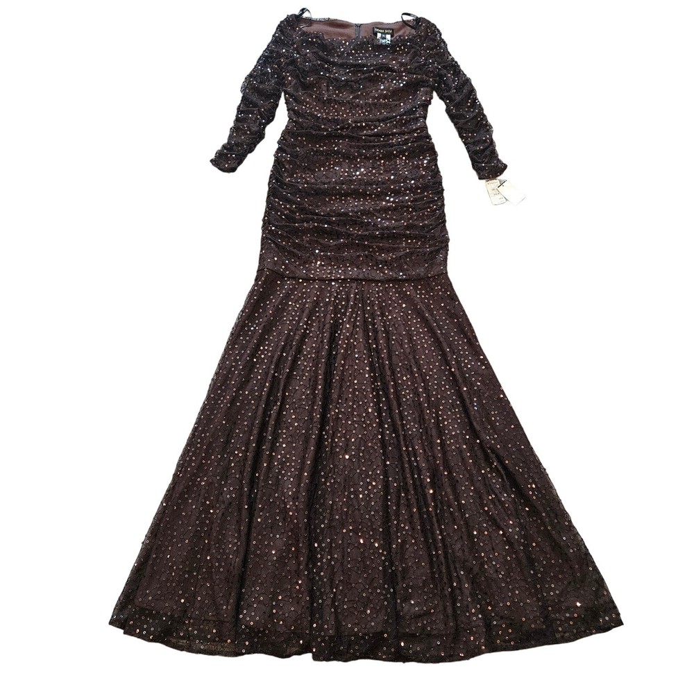 Tadashi Shoji Gown Womens Size M Ruched All Over Sequin Sheer Long Sleeves Lined