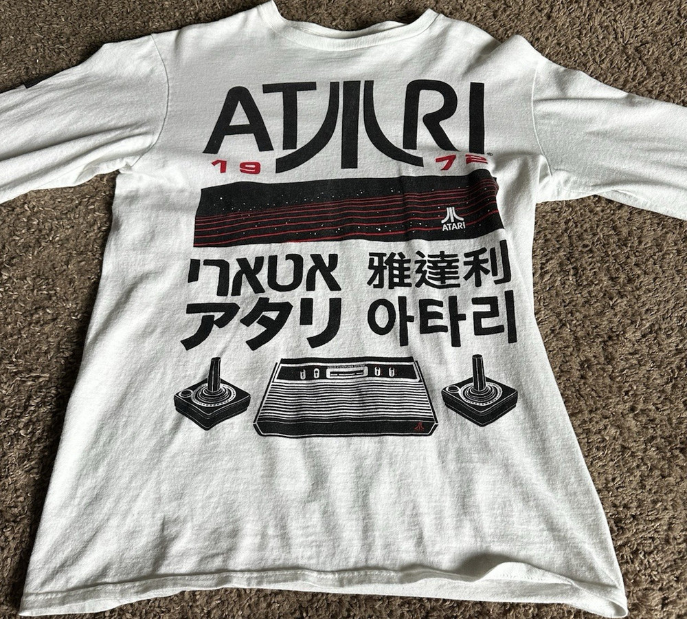 Atari Men's White Long Sleeve Crew Neck Graphic Logo Cotton T-Shirt Size S