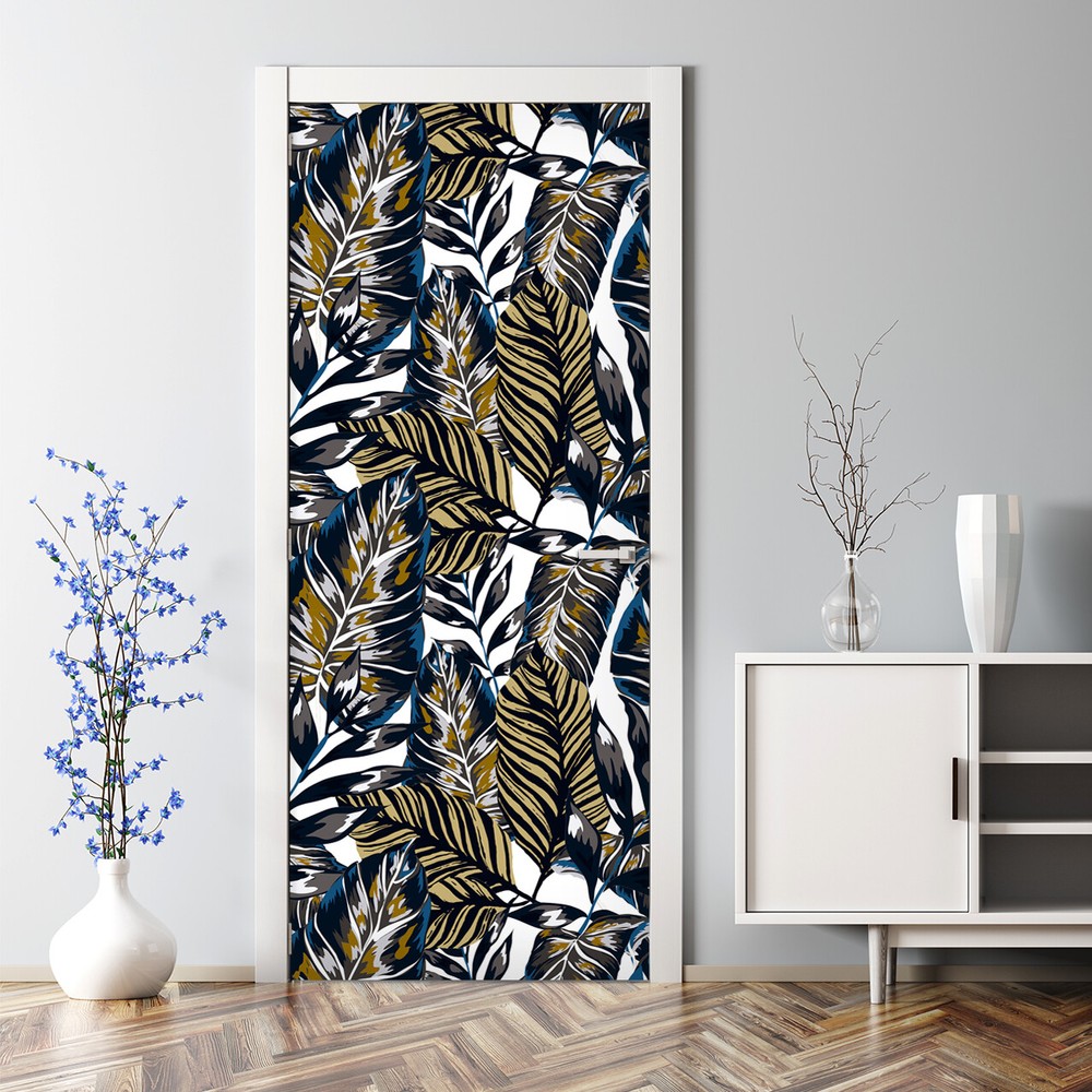 Dark Gold & Blue Palms Bubble Free Door sticker self adhesive Decal peel & stick