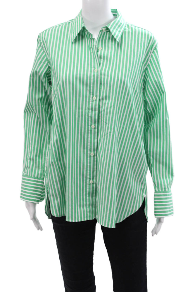 Uniqlo Womens Button Front Collared Striped Shirt Green White Size SmallFree Shipping in US $100+ Orders | $6.95 Orders Below