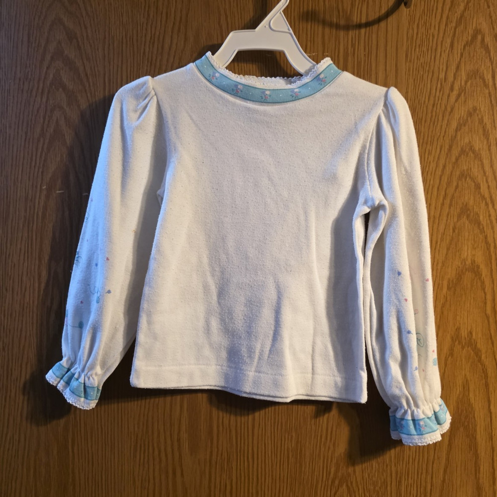 OshKosh B'gosh Vintage 3T Long Sleeve Cat Print Pullover Top White Blue Ruffle