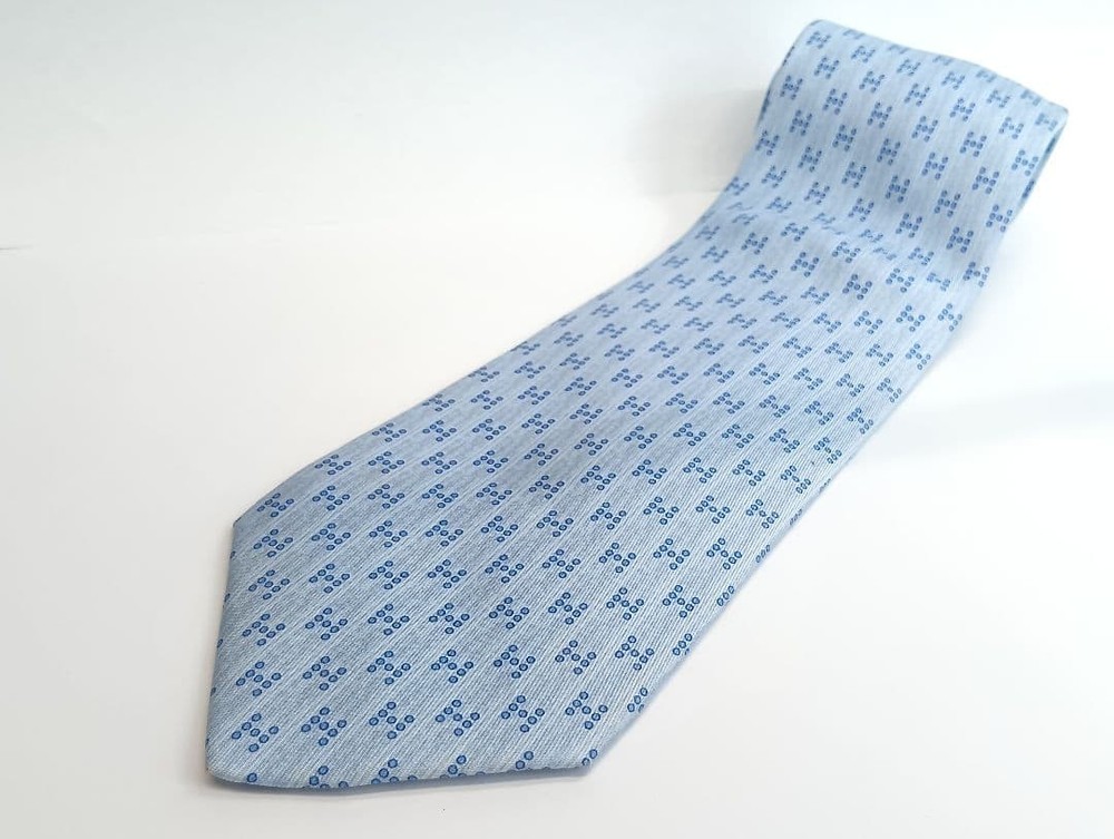 HERMES Necktie Tie Light Blue All over H Logo pattern Made in France 100% Silk